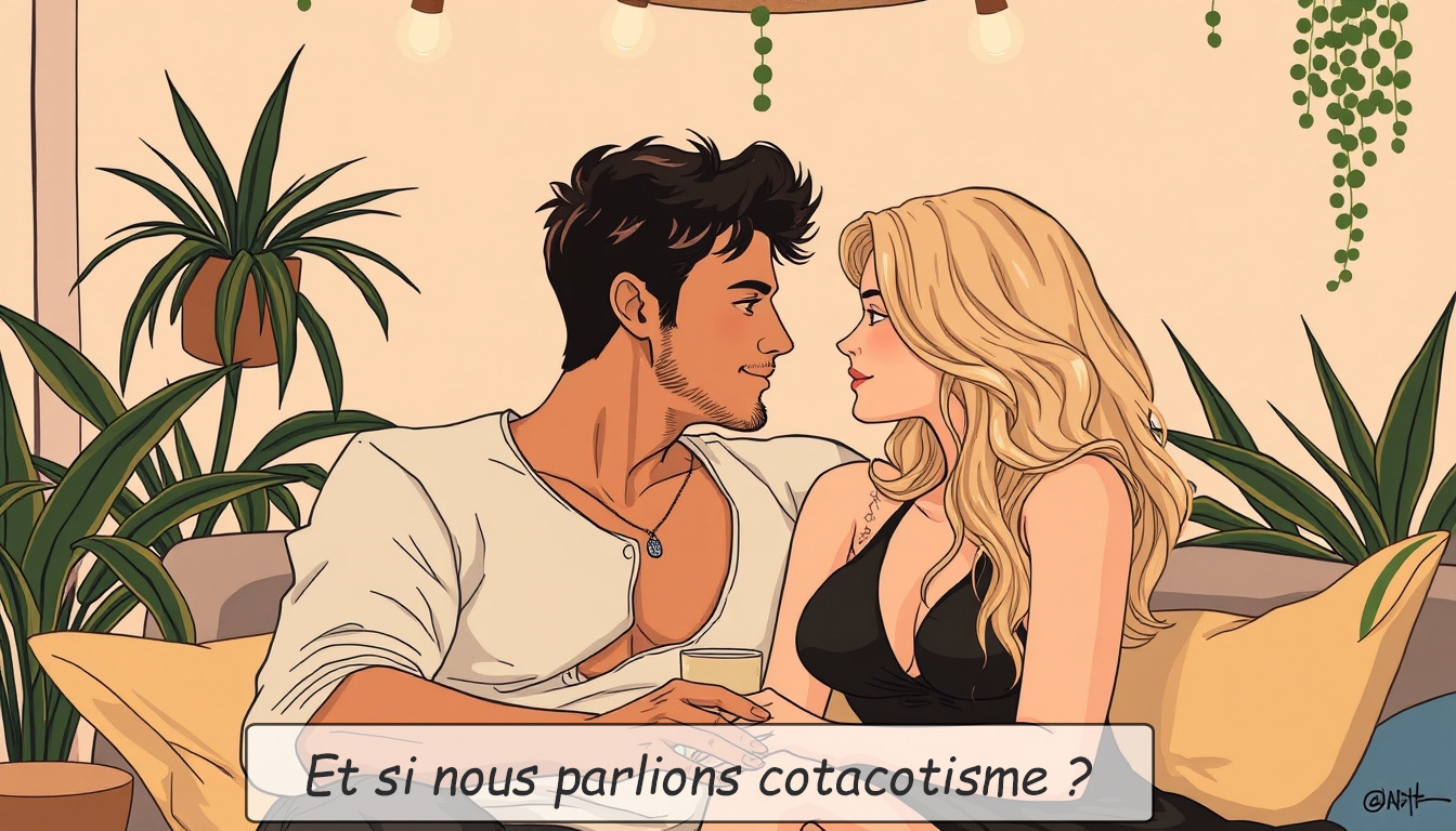 Couple complice côte à côte dans une ambiance sensuelle, illustration du cotacotisme
